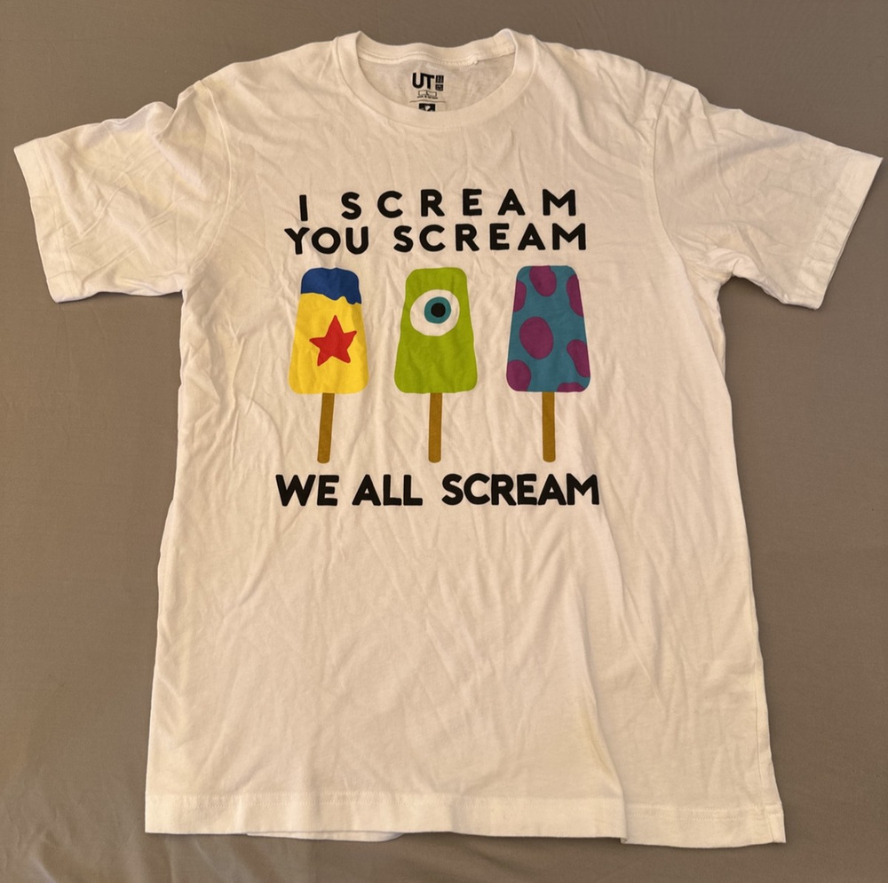 Uniqlo Pixar Shirt Mens Large White Monsters Inc I Scream You Scream Disney